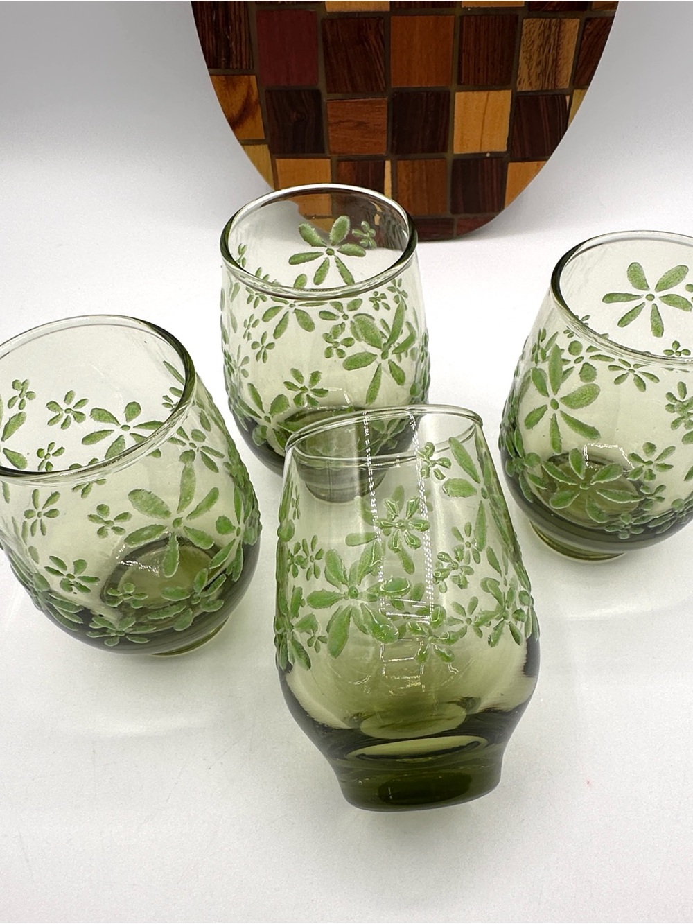 4 Libbey Mint Bouquet Green Juice Glasses. Vintage 1966